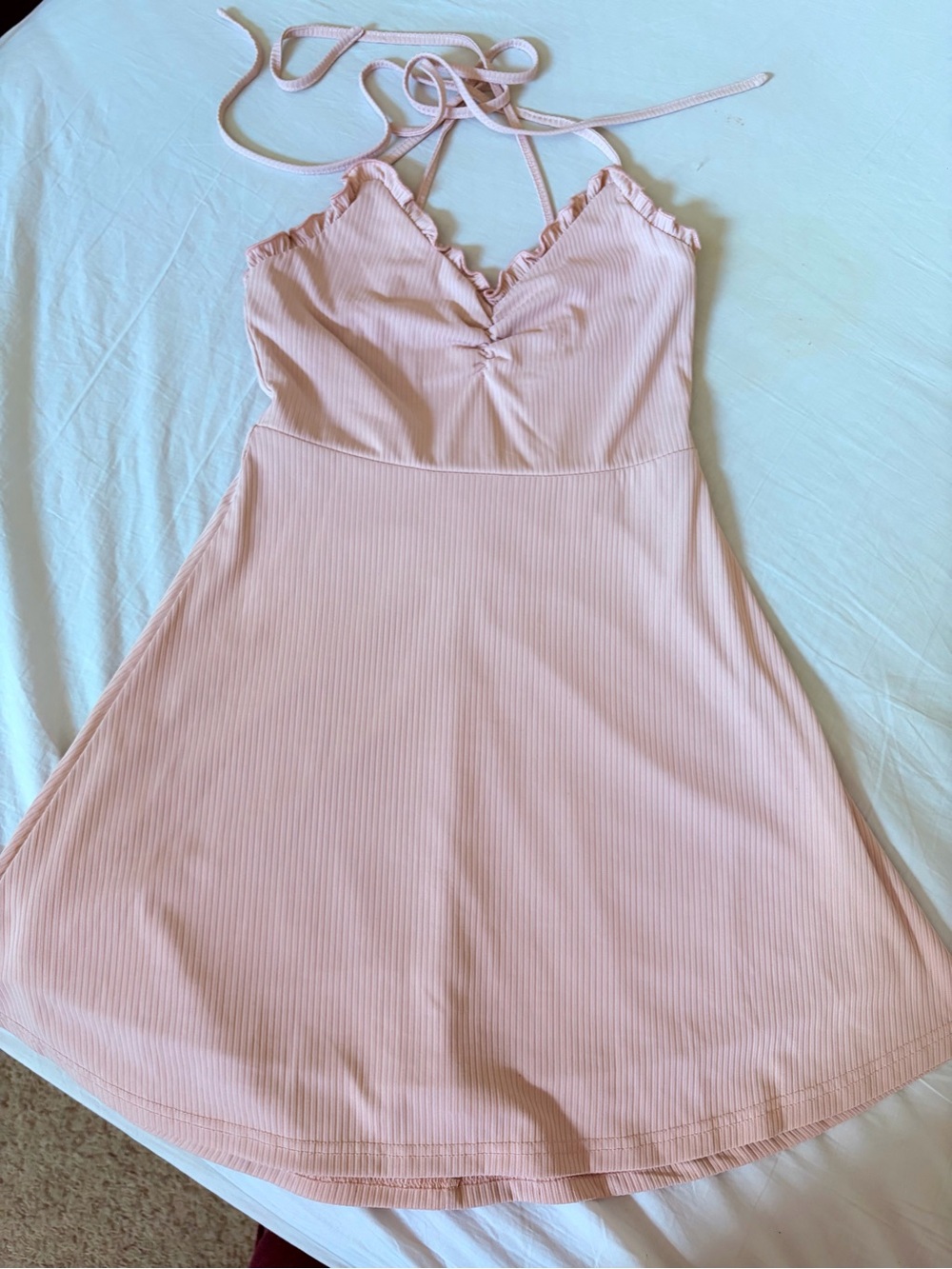 Showpo Blush Pink Ribbed Halter Ruffle Mini Dress